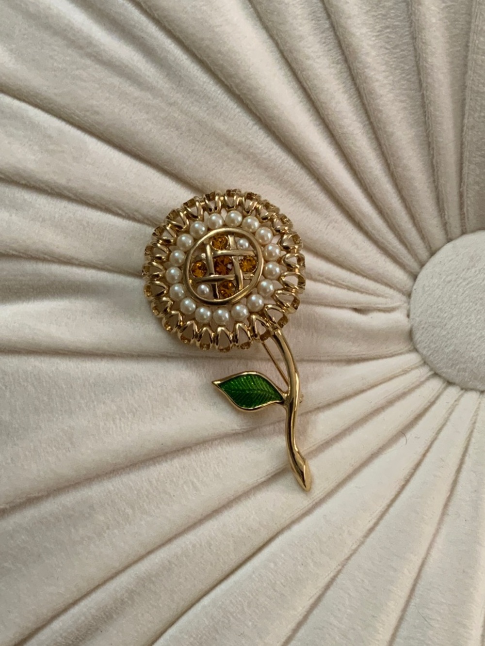 Bob Mackie Gold-Tone Flower Brooch with Pearls and Green Enamel Leaf